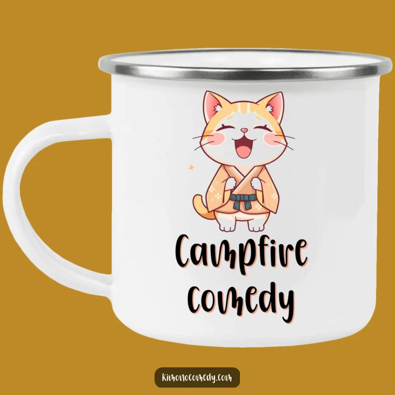 Funny Kawaii Cat Kimono Camping Mug: Laughing Companion, Rustic & Hilarious Gift!