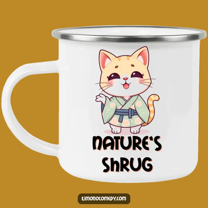 Funny Kawaii Cat Shrug Camping Mug: Playful Kimono Enamel Cup, Best Funny Gift