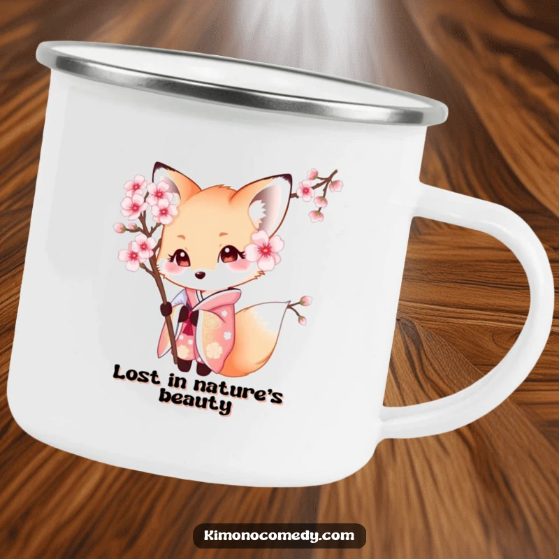 Funny Kawaii Fox Camping Mug: Shy character in a beautiful kimono, peeking from behind a cherry blossom, perfect for outdoor drinks.