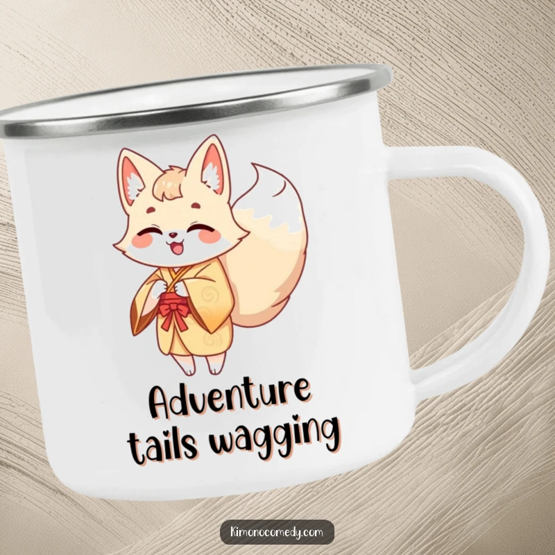 Funny Kawaii Kitsune Camping Mug: A giggling fox in a kimono enjoys the outdoors, its multiple tails adding to the cheerful scene.
