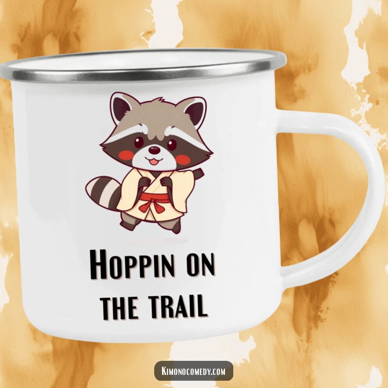 Funny kawaii raccoon in a simple kimono doing a playful hop on a camping mug, perfect for humorous anime outdoor enthusiasts.