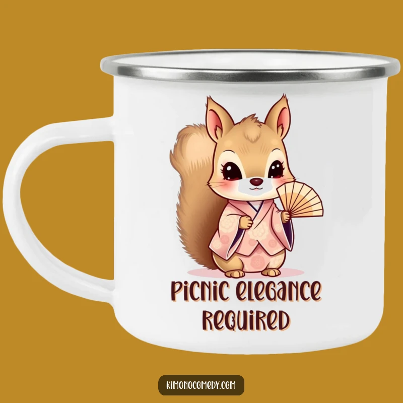 Funny Kawaii Squirrel Camping Mug: Fan Kimono Adventures, Perfect Outdoor Gift!