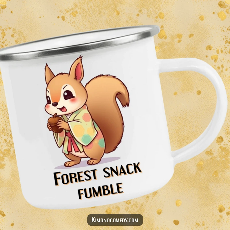 Funny camping mug with a startled kawaii squirrel in a kimono dropping an acorn, designed for outdoor use and humorous enjoyment.