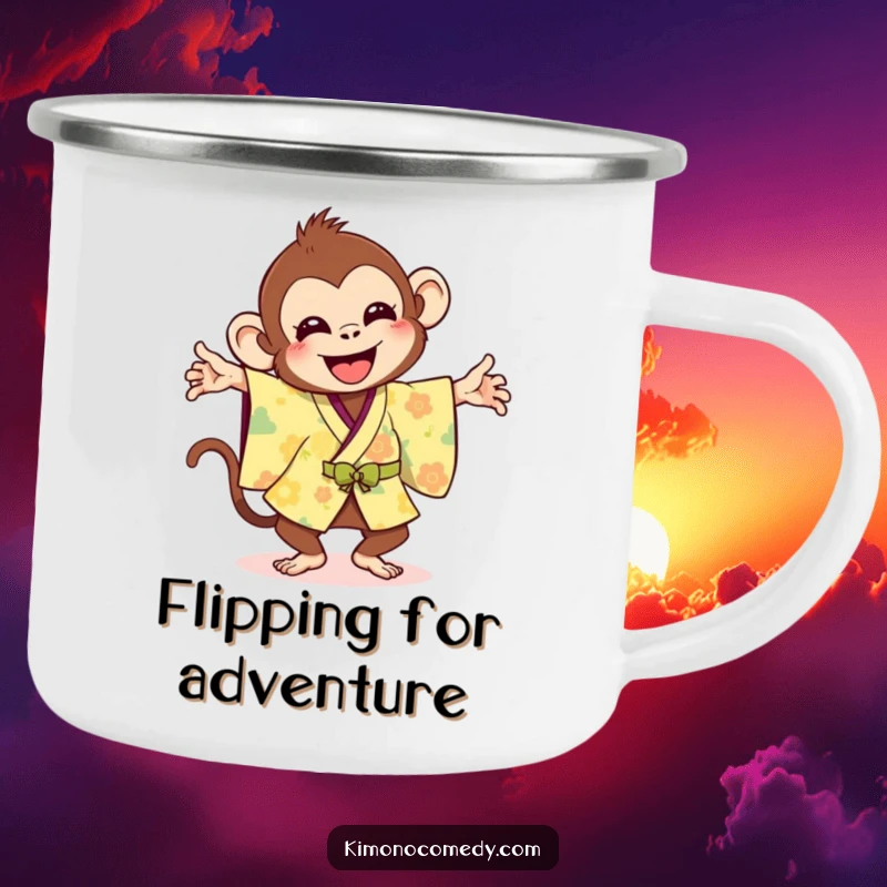 Funny camping mug with a joyful monkey in a bright kimono doing a silly flip, perfect for outdoor fun.