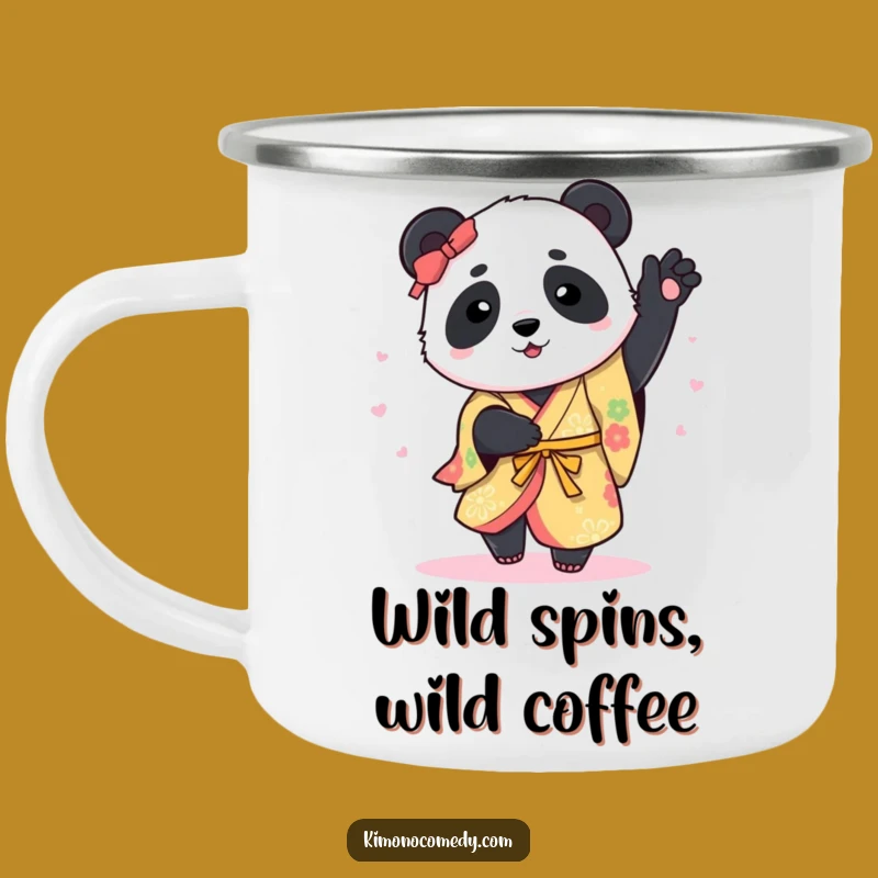 Funny Panda Kimono Camping Mug: Adventure-Ready Ceramic with a Playful Spinning Design