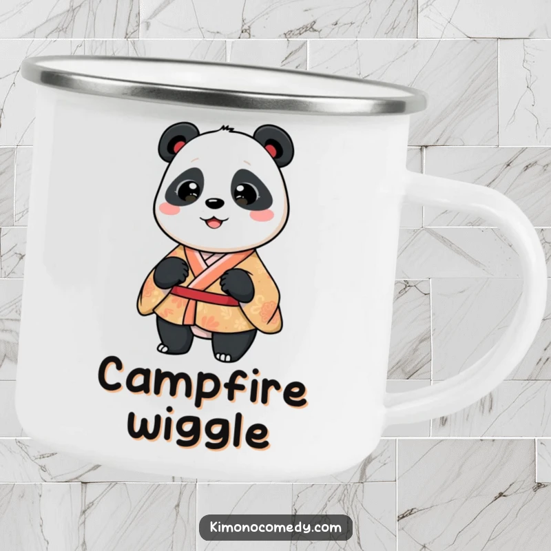 Funny panda in a patterned kimono, doing a silly wiggle. Perfect for camping. A humorous mug.