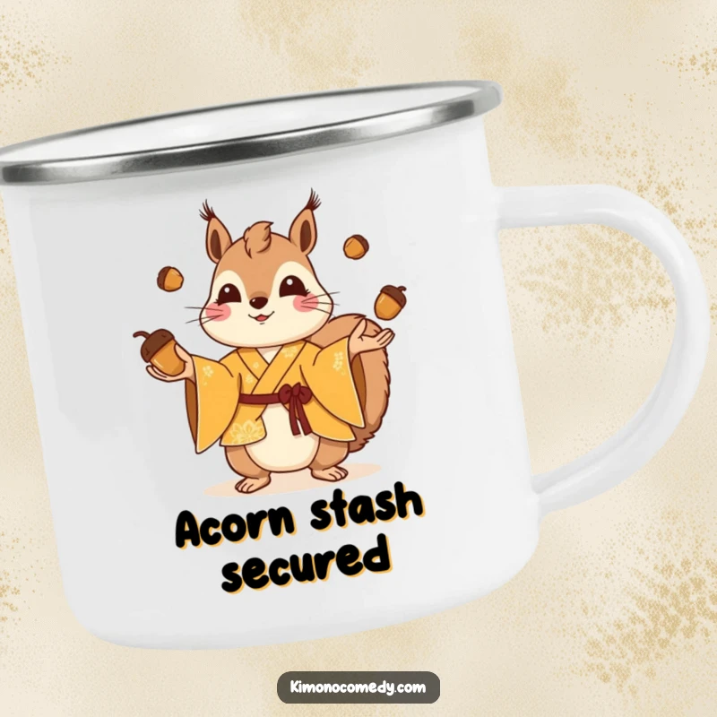 Funny squirrel in a bright kimono juggling tiny acorns, enamel camping mug, outdoor adventure accessory, humorous gift for campers.
