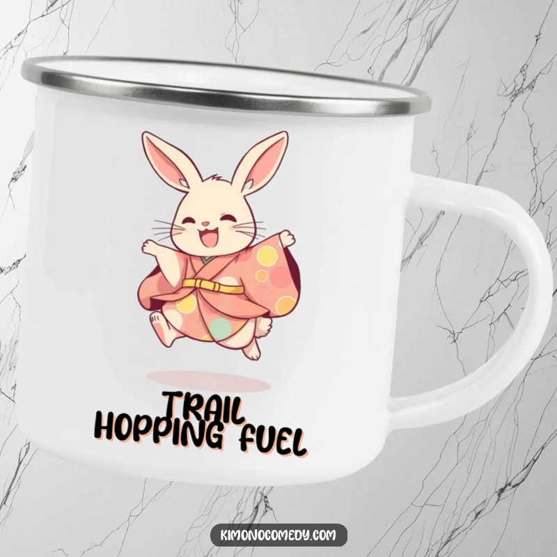 Funny rabbit in a colorful kimono, performing a playful leap, perfect for camping. A robust and humorous mug.