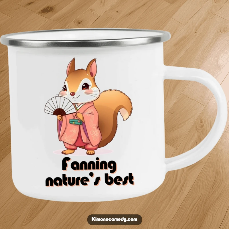 Funny Squirrel Kimono Camping Mug showcasing a cute squirrel in a kimono, perfect for rugged outdoor use.
