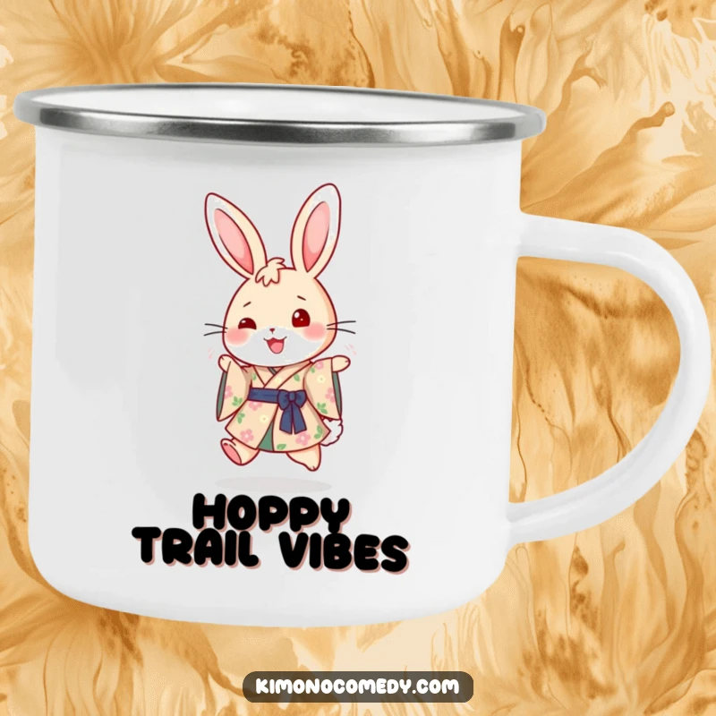 Funny enamel camping mug showcasing a happy rabbit in a floral kimono, joyfully hopping, perfect for hot beverages on the go.