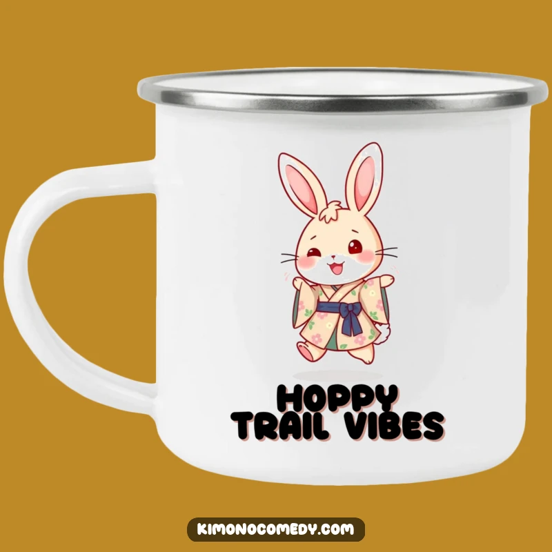 Funny Rabbit Kimono Camping Mug: Cheerful Floral Enamel Cup, Perfect Outdoor Joy Gift