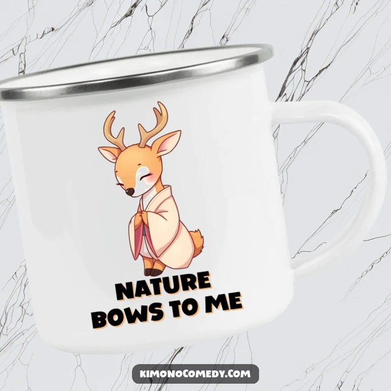 Funny enamel camping mug showcasing a serene deer in a delicate silk kimono, gracefully bowing, perfect for enjoying drinks outdoors.