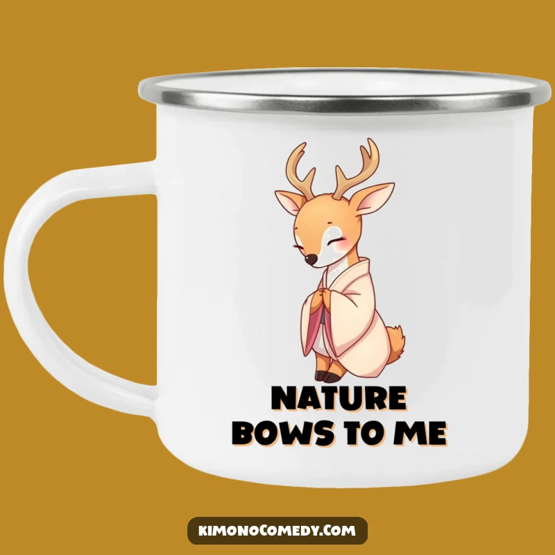 Funny Deer Kimono Camping Mug: Serene Enamel Cup, Perfect Outdoor Grace Gift
