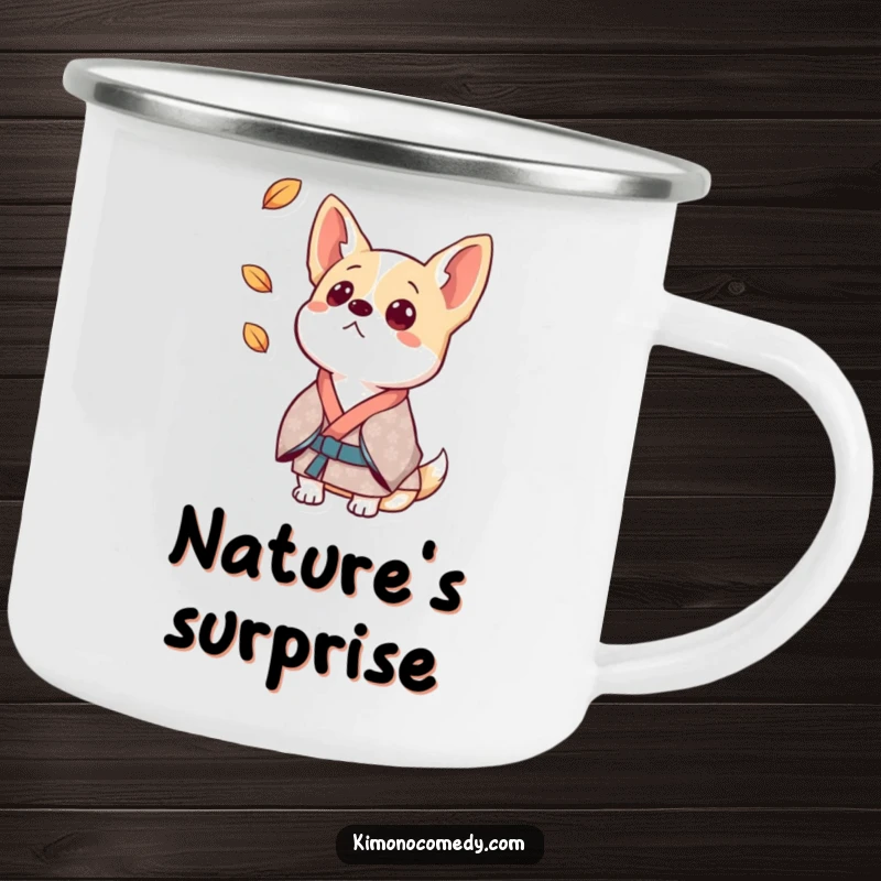 Funny dog camping mug depicting a surprised dog in a patterned kimono, alertly watching the wilderness.