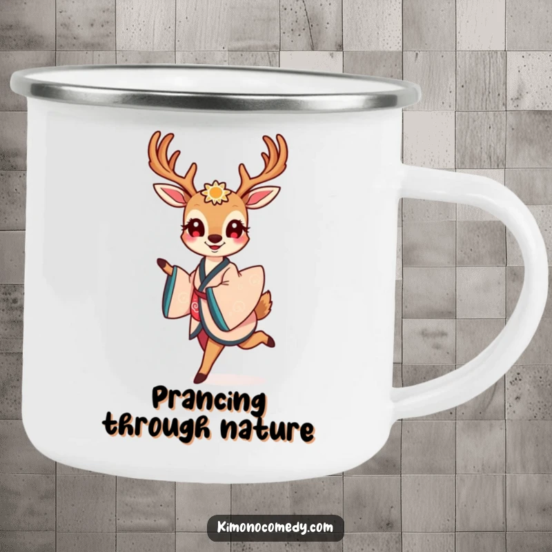 Funny camping mug with a smiling kawaii deer in an elegant kimono, gracefully prancing, perfect for adding a touch of class to adventures.