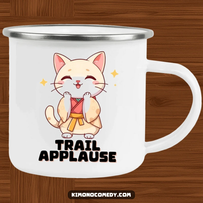 Funny Kawaii cat in a silk kimono clapping paws with excitement, rugged and humorous enamel camping mug for cheerful outdoor trips.