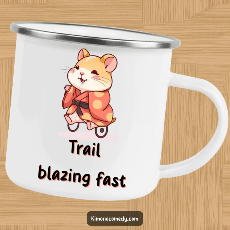 Funny Hamster Kimono Camping Mug: An energetic hamster in a kimono running on a wheel, a humorous and durable outdoor mug.