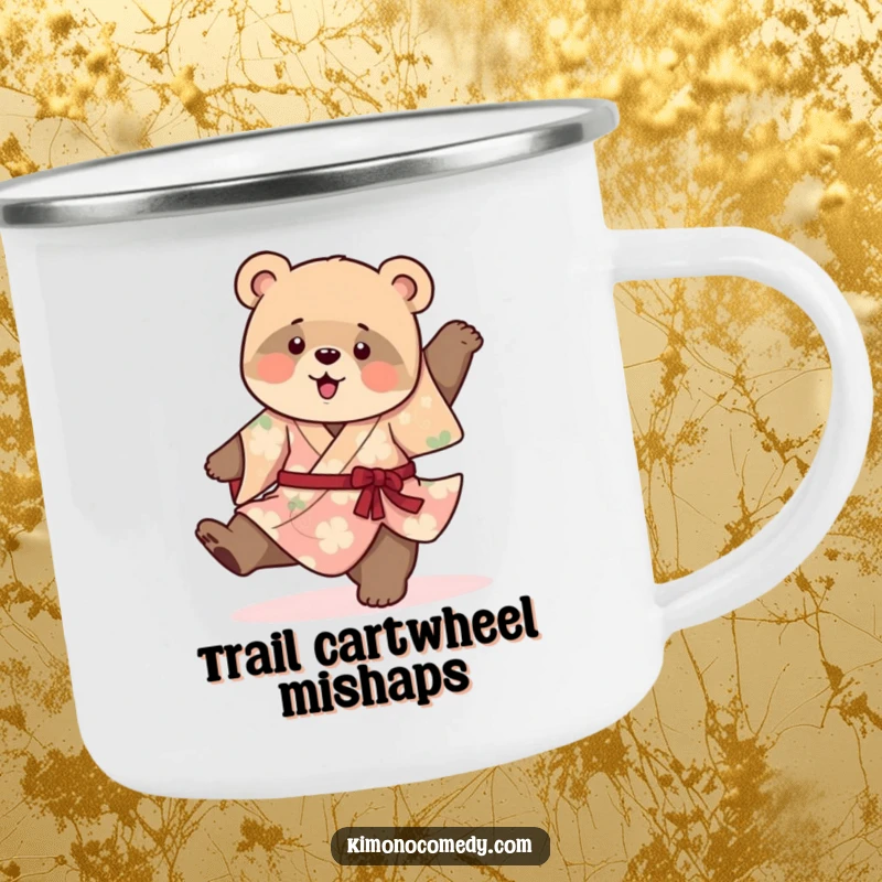 Funny enamel camping mug showcasing a playful bear cub in a vibrant kimono, hilariously attempting a clumsy cartwheel, perfect for outdoor drinks.