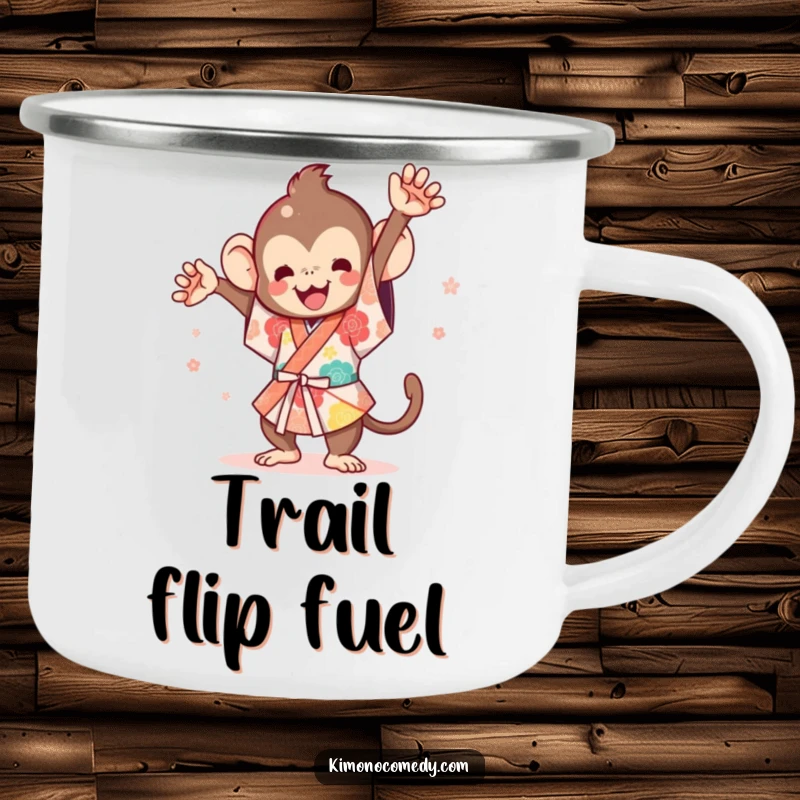 Funny Kawaii Monkey Camping Mug: A tough mug with a cute monkey in a kimono mid-flip.