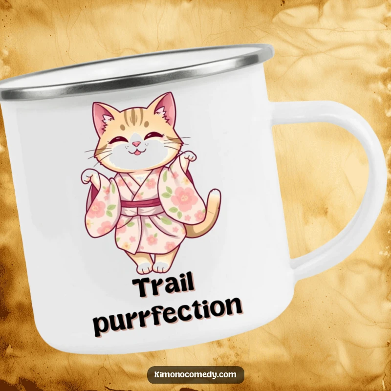 Funny cat in a floral kimono, performing a graceful twirl. Perfect for outdoor use. A humorous mug.