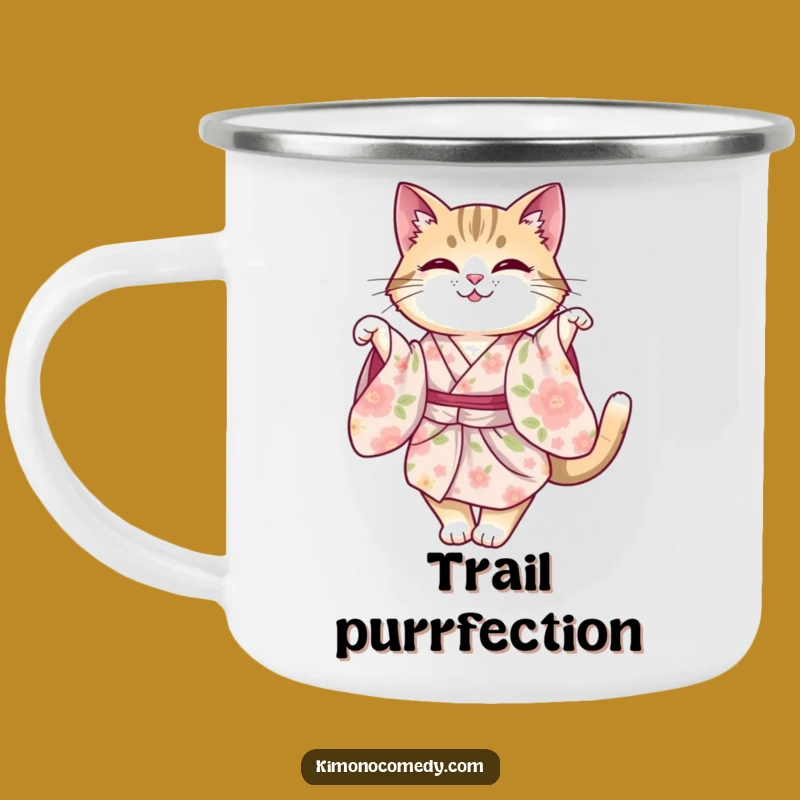 Funny Cat Kimono Camping Mug, Graceful Feline Cup, Whimsical Gift