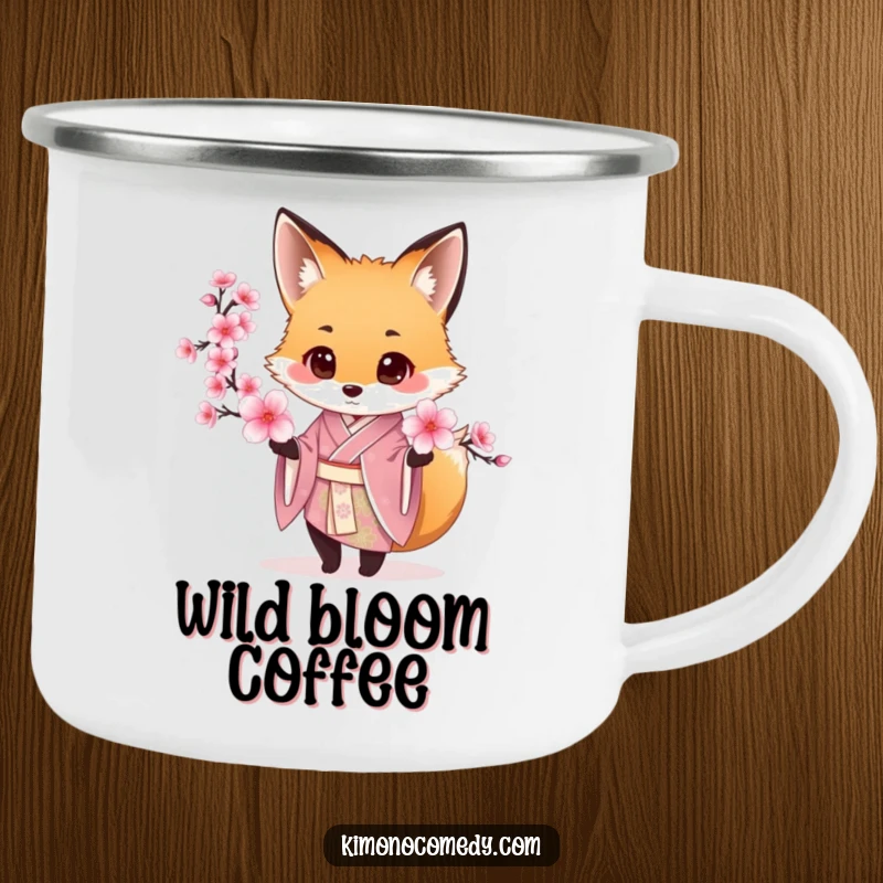 Funny Fox Kimono Camping Mug showing a fox in a silk kimono offering a cherry blossom, perfect for outdoor use.