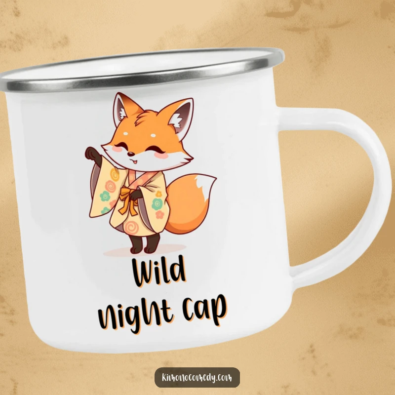Funny camping mug with a mischievous fox in a colorful kimono performing a playful pirouette, perfect for outdoor artistic humor.
