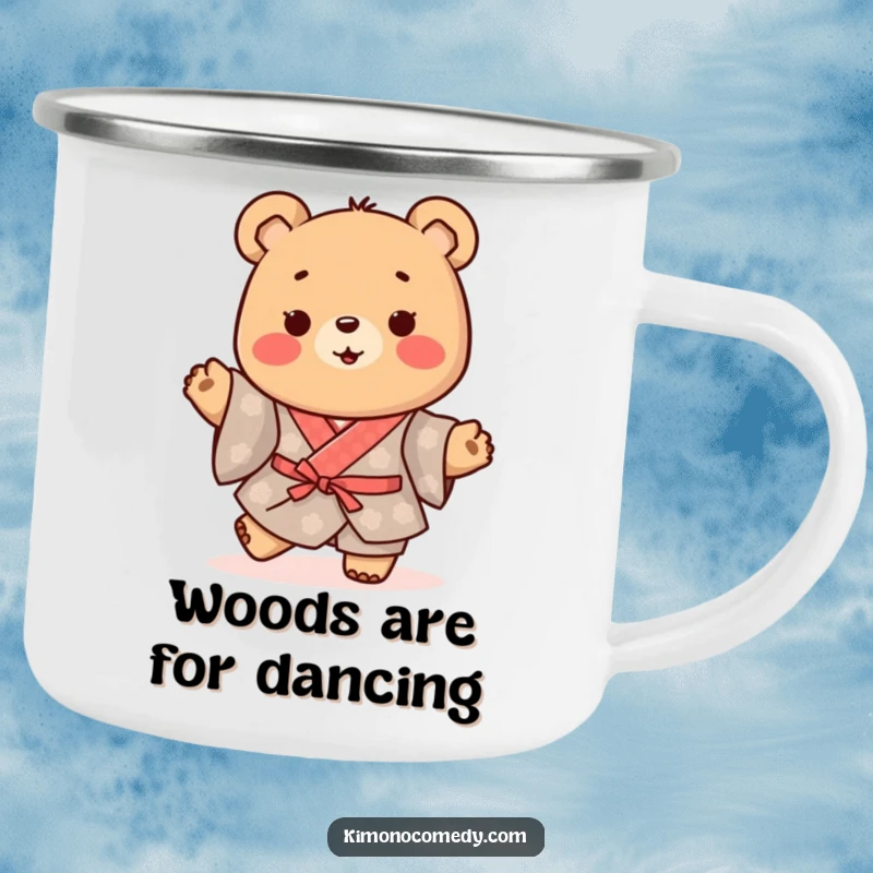 Funny Kawaii Bear Camping Mug: Happy character in a traditional kimono, doing a little happy shuffle, perfect for outdoor enjoyment.