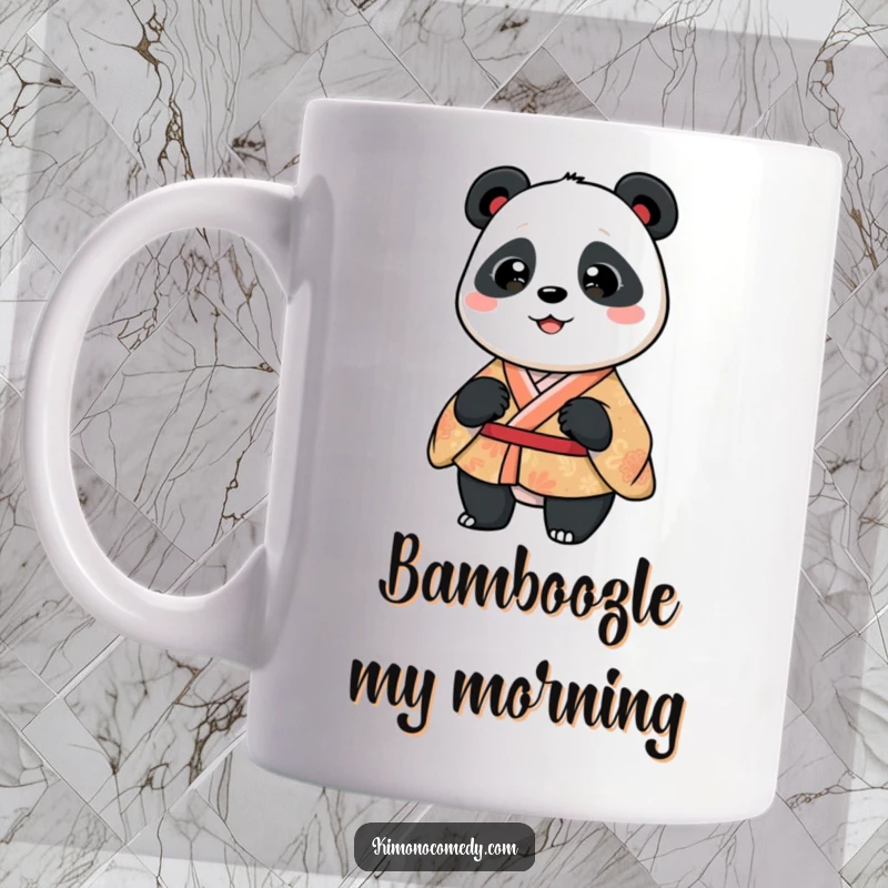 Funny panda wearing a patterned kimono, doing a silly, infectious wiggle. A joyful and humorous mug.