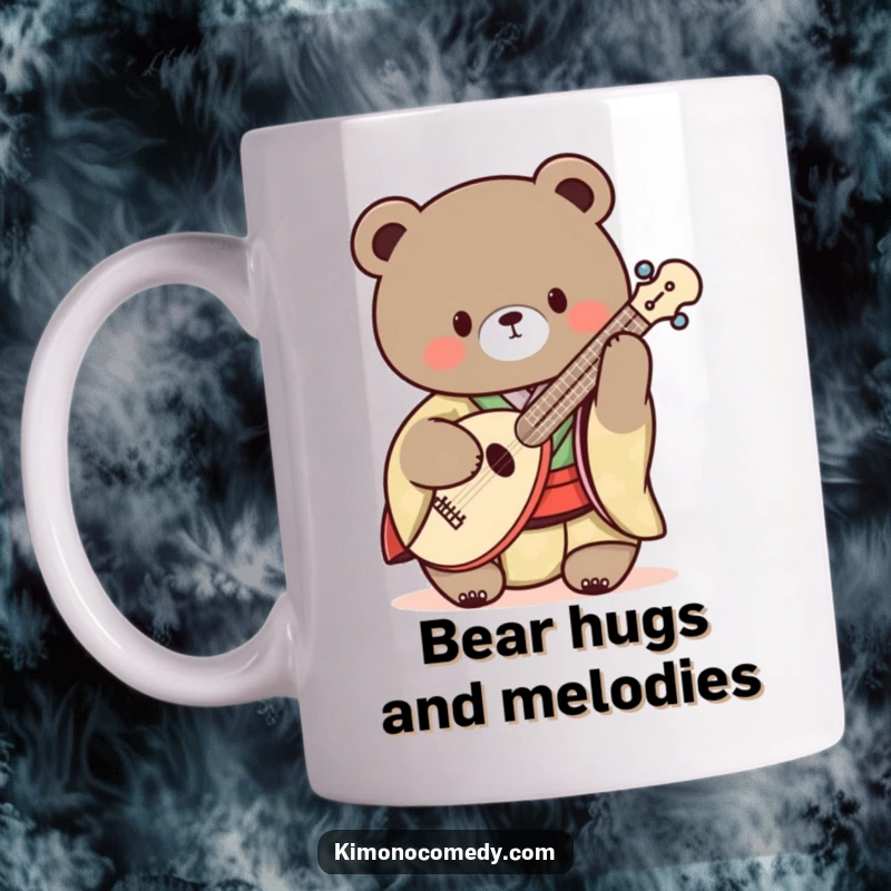 Funny Kawaii Bear Mug: A cute bear in a traditional kimono playing a shamisen with a happy expression, a musical gift.