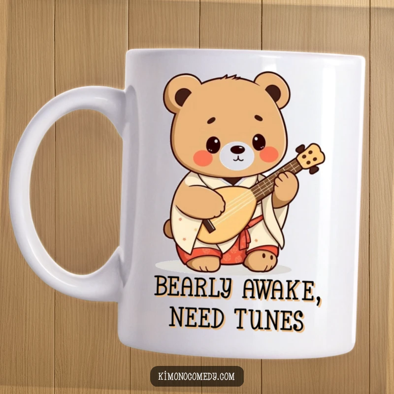 Funny Kawaii bear in a kimono playing a shamisen on a mug, bringing joy and musicality with a humorous touch.