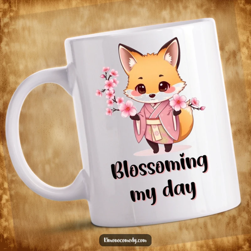 Funny Fox Kimono Mug featuring a gracefully depicted fox in a luxurious silk kimono, offering a delicate cherry blossom.