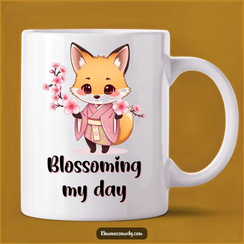 Funny Fox Kimono Mug: Elegant Cherry Blossom Offering Gift for Art Lovers