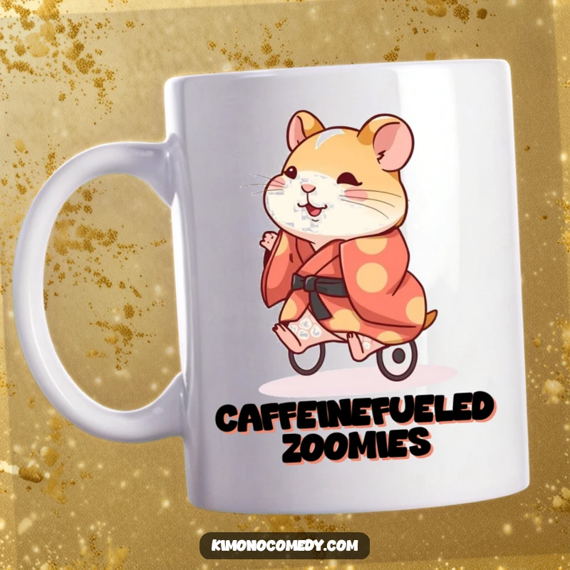 Funny Hamster Kimono Mug: An energetic hamster in a colorful kimono running on a wheel, symbolizing unstoppable humor and drive.