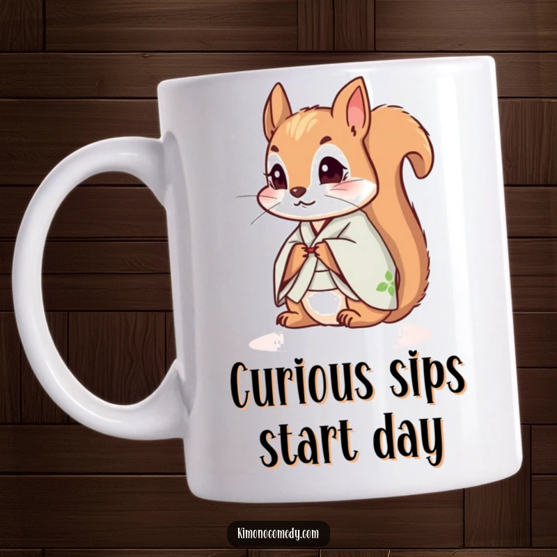 Funny small squirrel wearing a kimono and looking around curiously on a mug, embodying playful wonder and humor.