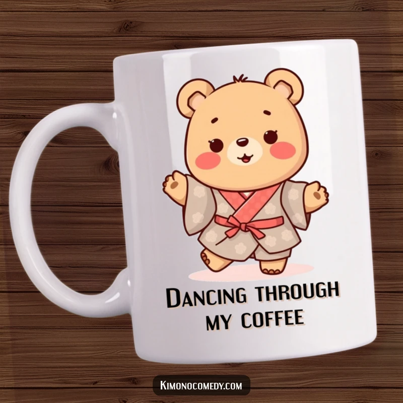 Funny Kawaii Bear Mug: Happy character in a traditional kimono, doing a little happy shuffle, spreading joy and good vibes.