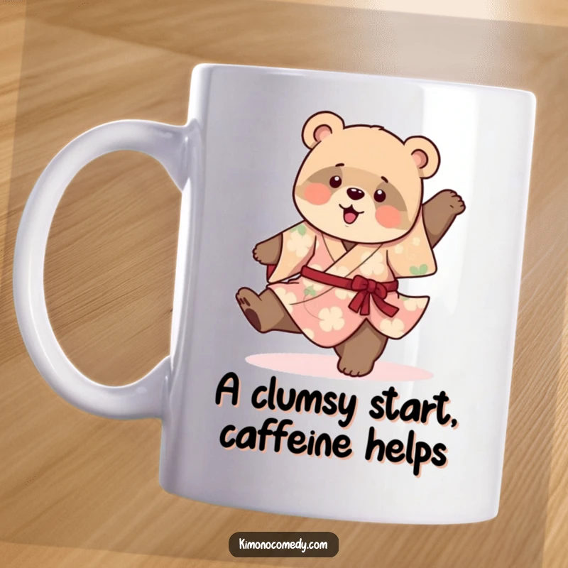 Funny ceramic mug showing a playful bear cub in a vibrant kimono, mid-cartwheel with a look of adorable clumsiness and sheer delight.