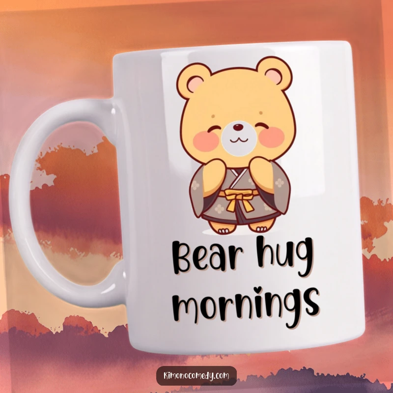Funny bear wearing a formal kimono, bowing politely with a warm, gentle smile. A friendly and humorous mug.