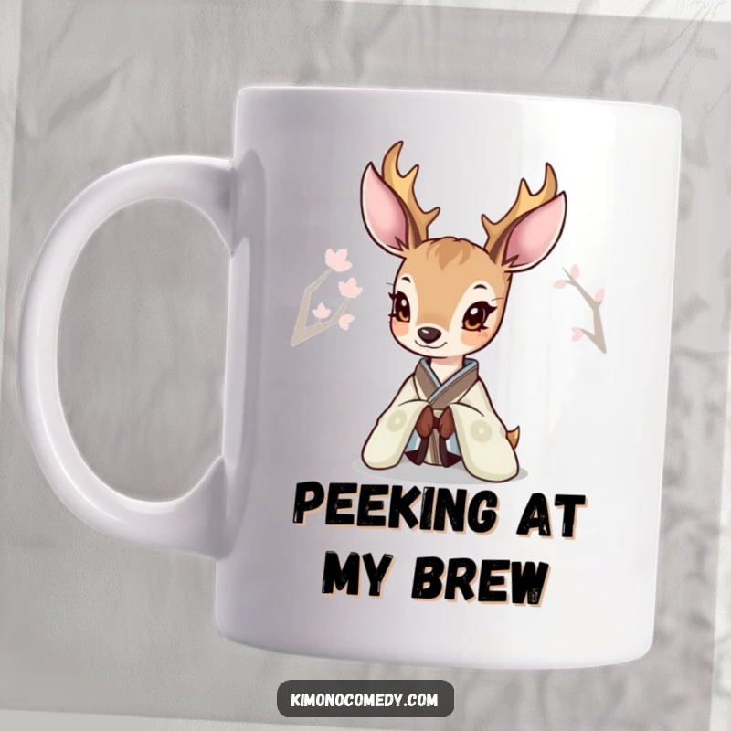 Funny Deer Kimono Mug featuring a curious deer peeking out from behind an elegant, ornate kimono.