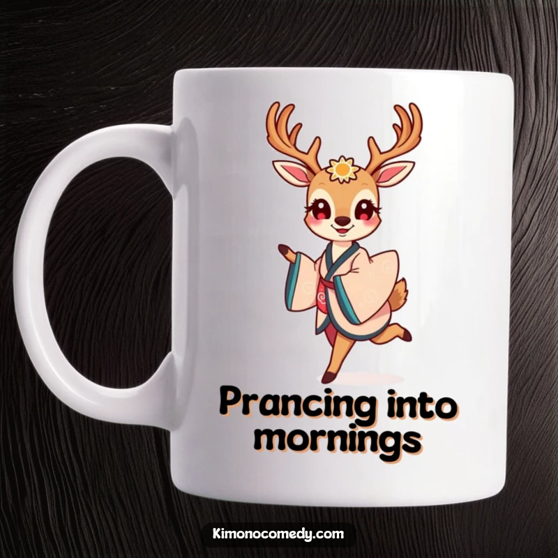 Funny mug featuring a smiling kawaii deer in an elegant kimono, gracefully prancing with evident delight and chic charm.