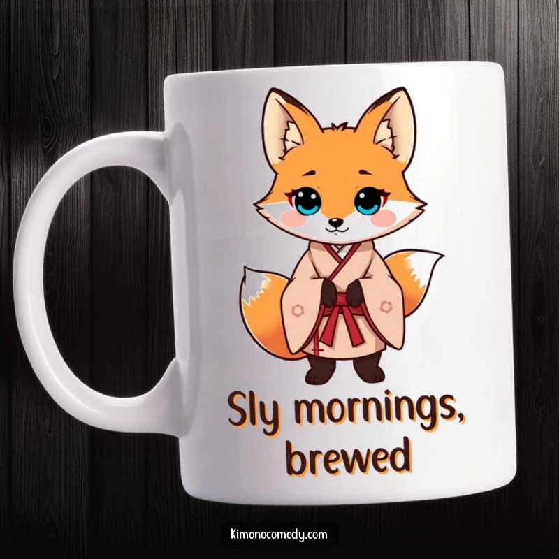 Funny fox wearing an elegant traditional kimono, striking a confident, poised stance. A sophisticated and humorous mug design.