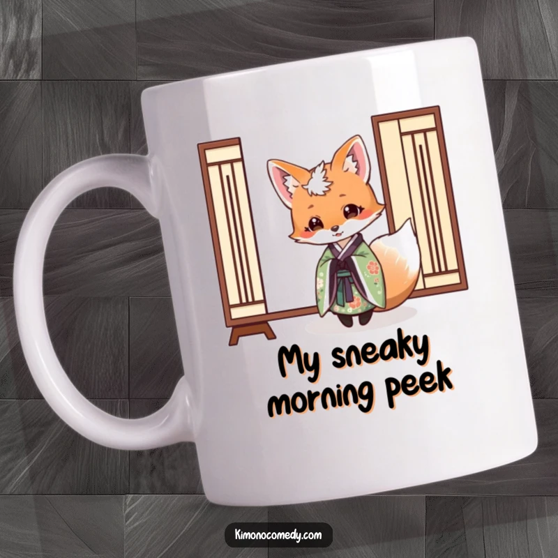 Funny mug featuring a fox in an elegant kimono playfully peeking from behind a traditional paper screen, exuding mystery and humor.