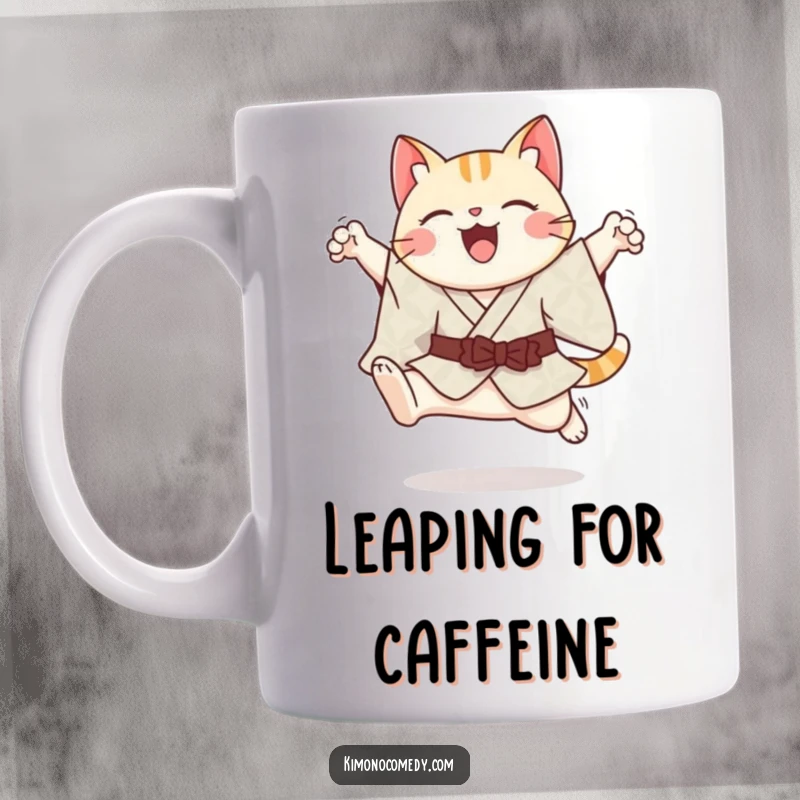 Funny cheerful kawaii cat in a patterned kimono, performing a graceful mid-air leap, on a delightful mug.
