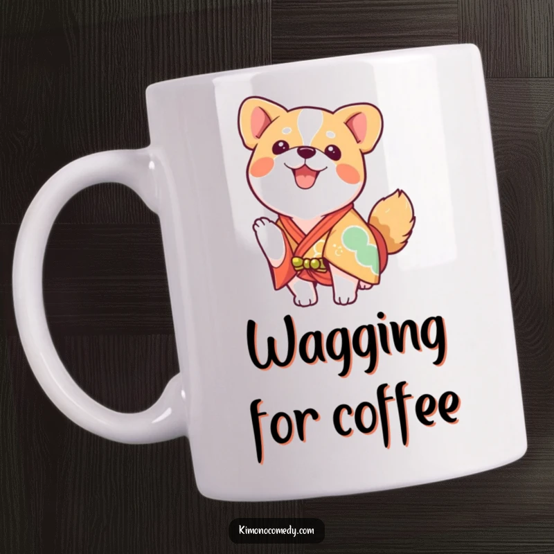 Funny kawaii dog wearing a bright kimono, wagging tail enthusiastically, happy and cute mug.