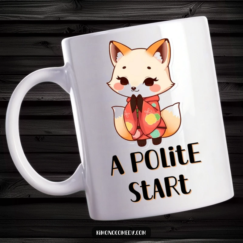 Funny Kawaii fox in a vibrant kimono, bowing gracefully with a gentle smile, bringing charm to this mug.