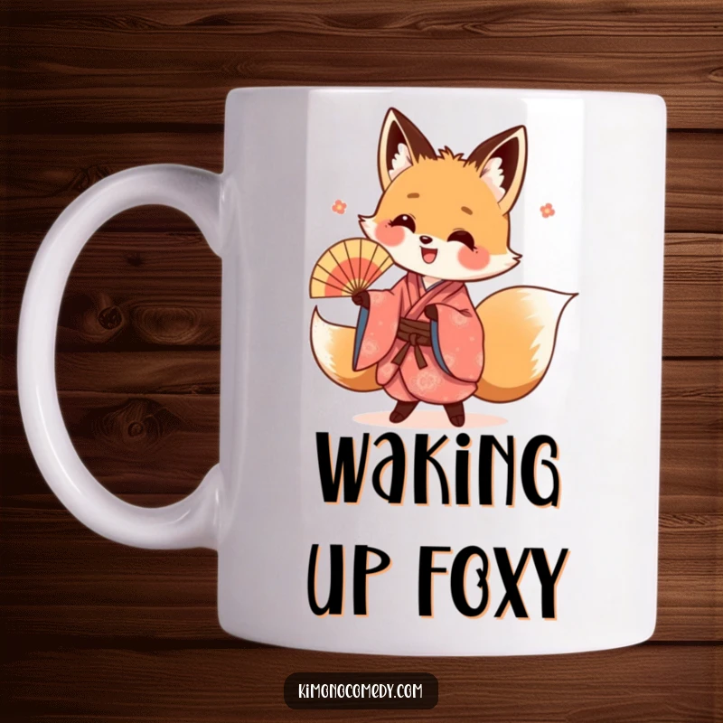 Funny kawaii fox mug, wearing a vibrant kimono, performing an energetic fan dance with a happy expression.