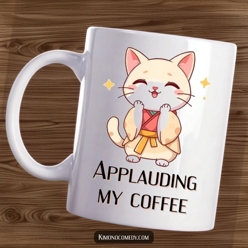 Funny Kawaii cat in a silk kimono clapping paws enthusiastically, joyful and humorous illustration for a funny mug.
