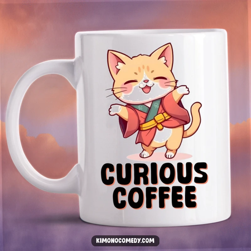 Funny Kawaii cat in a whimsical kimono tipping its head curiously, inquisitive and humorous illustration for a funny mug.