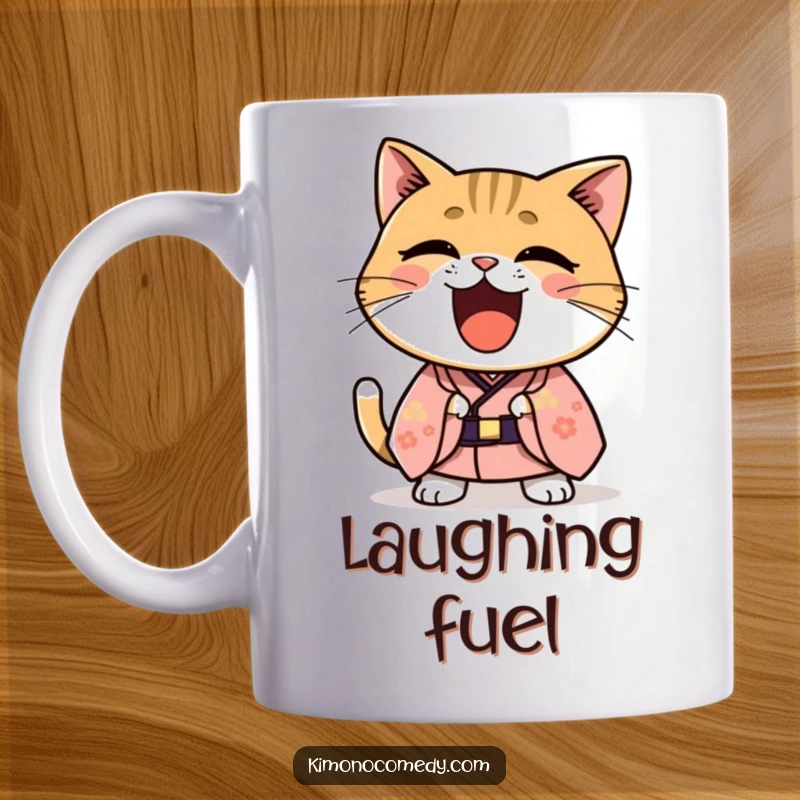 Funny Kawaii cat in a formal kimono laughing heartily, joyful and humorous illustration for a funny mug.