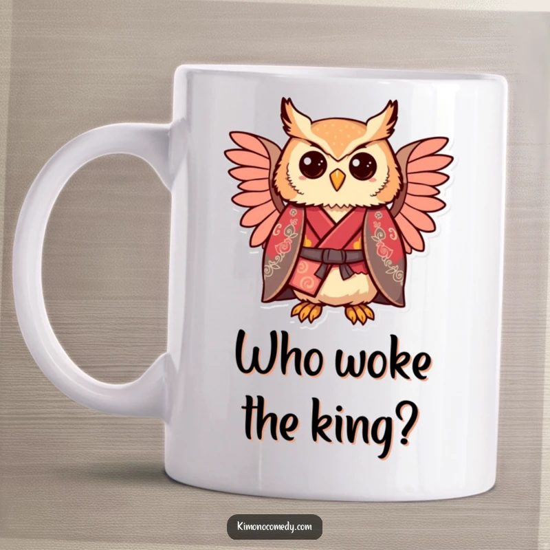 Funny kawaii owl in a regal kimono, looking comically proud, cute and regal coffee mug.